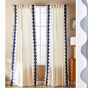 Anthropologie Maeve Scalloped Cotton Curtain in Navy Blue 108” - Set of 2 | NWT